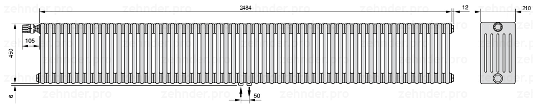 Схема (чертеж) Радиатор Zehnder Charleston 6045/54 №V007 Белый глянцевый RAL 9016